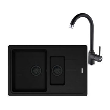 Set chiuveta bucatarie compozit Franke Basis VN 1 cuva 1/2 cu picurator 78x50 cm negru mat cu baterie Pola