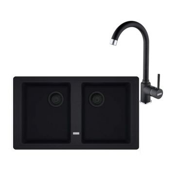 Set chiuveta bucatarie compozit Franke Basis VN 2 cuve fara picurator 86x50 cm finisaj negru mat cu baterie Pola