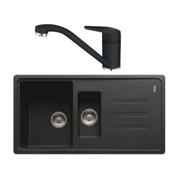 Set chiuveta bucatarie compozit Franke Malta 1 cuva 1/2 cu picurator 97x50 cm finisaj negru mat cu Novara Plus