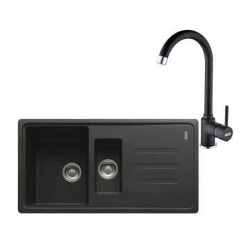 Set chiuveta bucatarie compozit Franke Malta 1 cuva 1/2 cu picurator 97x50 cm finisaj negru mat cu Pola