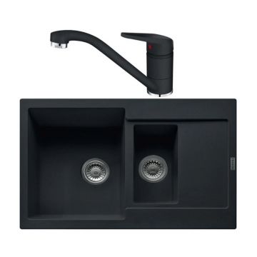 Set chiuveta bucatarie compozit Franke Maris 1 cuva 1/2 cu picurator 78x50 cm finisaj negru mat cu baterie Novara Plus
