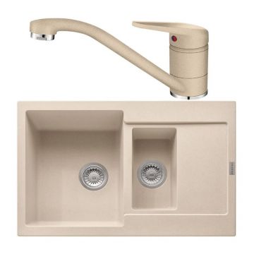 Set chiuveta bucatarie compozit Franke Maris Avena 1 cuva 1/2 cu picurator 78x50 cm finisaj bej mat cu baterie Novara Plus
