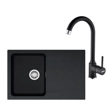 Set chiuveta bucatarie compozit Franke Orion 1 cuva cu picurator 78x50 cm tectonite finisaj negru mat si baterie Pola