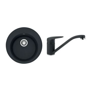 Set chiuveta bucatarie compozit Franke Rotondo 51 cm finisaj negru mat si baterie Novara Plus