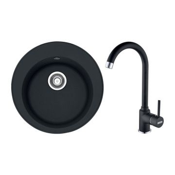 Set chiuveta bucatarie compozit Franke Rotondo 51 cm finisaj negru mat si baterie Pola