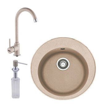 Set chiuveta bucatarie compozit Franke Rotondo Avena 51 cm finisaj bej mat cu dozator detergent si baterie Pola