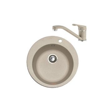 Set chiuveta bucatarie compozit Franke Rotondo Avena 51 cm finisaj bej mat si baterie Novara Plus