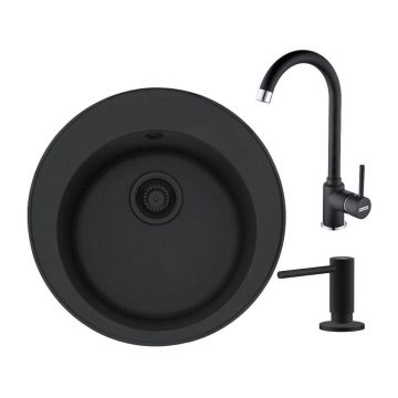 Set chiuveta bucatarie compozit Franke Rotondo VN 51 cm finisaj negru mat cu dozator detergent si baterie Pola