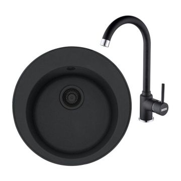 Set chiuveta bucatarie compozit Franke Rotondo VN 51 cm finisaj negru mat si baterie Pola