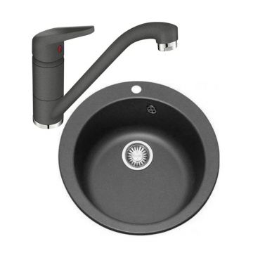 Set chiuveta bucatarie compozit Franke Single 1 cuva 50 cm tectonite finisaj negru mat cu baterie Novara Plus
