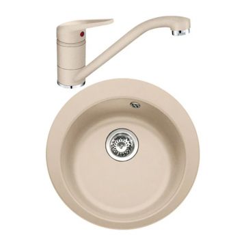 Set chiuveta bucatarie compozit Franke Single Avena 1 cuva 50 cm tectonite finisaj bej mat cu baterie Novara Plus