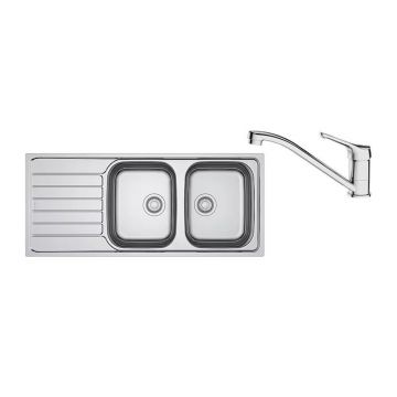 Set chiuveta bucatarie inox Franke Spark 116x50 cm cu 2 cuve si picurator stanga finisaj lucios plus baterie crom