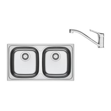 Set chiuveta bucatarie inox Franke Spark 78x43.5 cm cu 2 cuve fara picurator finisaj texturat plus baterie crom