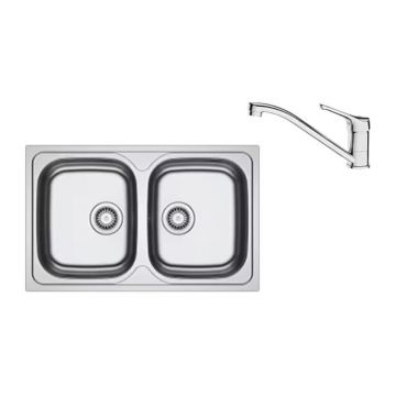 Set chiuveta bucatarie inox Franke Spark 80x50 cm cu 2 cuve fara picurator finisaj lucios plus baterie crom