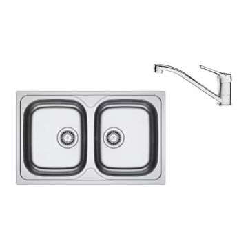 Set chiuveta bucatarie inox Franke Spark 80x50 cm cu 2 cuve fara picurator finisaj texturat plus baterie crom