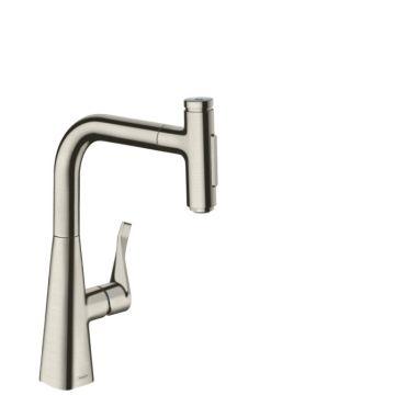 Baterie bucatarie Hansgrohe Metris Select 240 M71 dus extractibil cu doua tipuri de jet finisaj inox