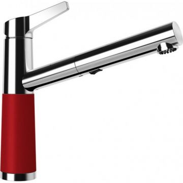 Baterie bucatarie Schock SC-510 Cristadur Rouge cu dus extractibil, 2 tipuri de jet, aspect granit, cartus ceramic, rosu