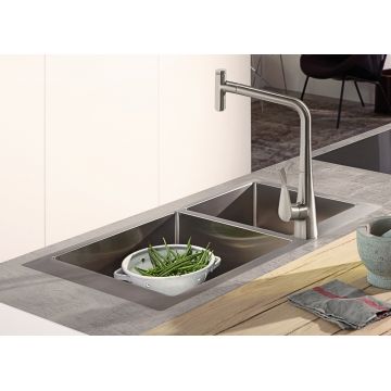 Chiuveta bucatarie Hansgrohe S711-F655 cu 2 cuve inegale 755x500mm cuva mare dreapta inox