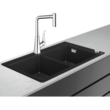 Set Hansgrohe C51-F770-05 Sink combi 370/370 Select Chiuveta SilicaTec cu doua cuve 51x88x19cm graphite black + Baterie din doua elemente cu dus extractibil ComfortZone 320