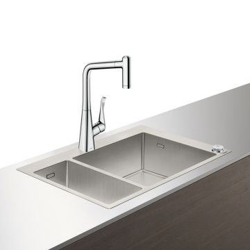 Set Hansgrohe Select Sink Combi C71-F655-04 chiuveta inox 500x755mm cuva mare dreapta + baterie cu pipa rotativa si dus extractibil crom