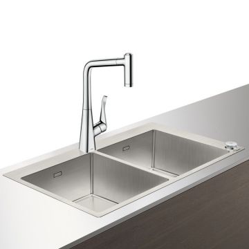 Set Hansgrohe Select Sink Combi C71-F765-05 chiuveta inox 865mm cu doua cuve + baterie cu pipa rotativa si dus extractibil crom