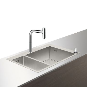 Set Hansgrohe Sink Combi C71-F655-09 chiuveta inox 755mm cuva mare dreapta + baterie din doua elemente cu dus extractibil crom