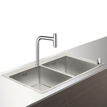 Set Hansgrohe Sink Combi C71-F765-10 chiuveta inox 865mm cu doua cuve + baterie din doua elemente cu dus extractibil crom