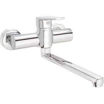 Baterie chiuveta bucatarie crom cu montare perete, pipa 293 mm, Deante Tubo