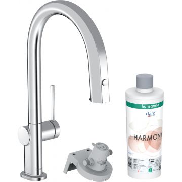 Baterie bucatarie Hansgrohe Aqittura M91 210 cu 3 cai si sistem filtrare dus extractibil 1 jet si sBox crom