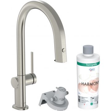 Baterie bucatarie Hansgrohe Aqittura M91 210 cu 3 cai si sistem filtrare dus extractibil 1 jet si sBox inox optic