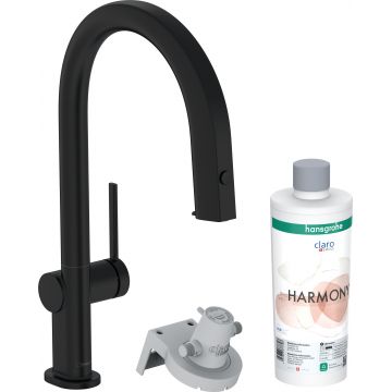 Baterie bucatarie Hansgrohe Aqittura M91 210 cu 3 cai si sistem filtrare dus extractibil 1 jet si sBox negru mat