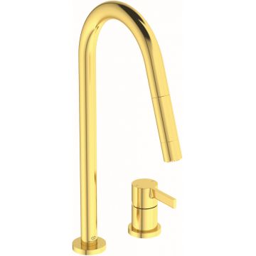 Baterie bucatarie Ideal Standard Gusto Round din 2 elemente 242mm dus extractibil pipa R rotativa brushed gold