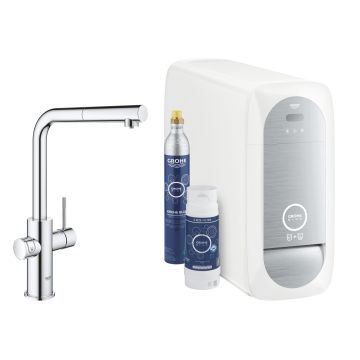 Baterie bucatarie Grohe Blue Home Duo cu dus extractibil pipa L sistem filtrare racire si carbonatare starter kit crom