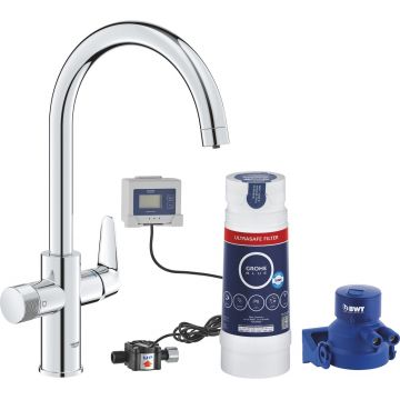 Baterie bucatarie Grohe Blue Pure BauCurve cu sistem filtrare Ultrasafe starter kit crom