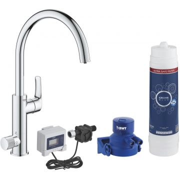 Baterie bucatarie Grohe Blue Pure Eurosmart cu pipa C si sistem filtrare starter kit crom