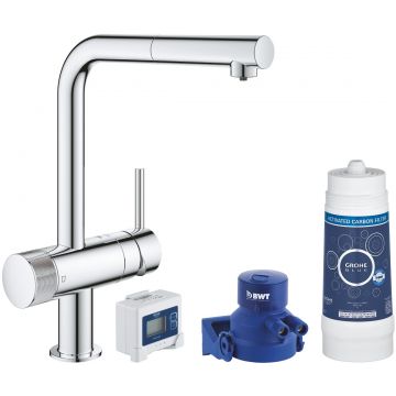 Baterie bucatarie Grohe Blue Pure Minta cu dus extractibil pipa L si sistem filtrare starter kit crom