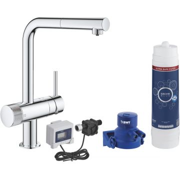 Baterie bucatarie Grohe Blue Pure Minta cu dus extractibil pipa L si sistem filtrare Ultrasafe starter kit crom