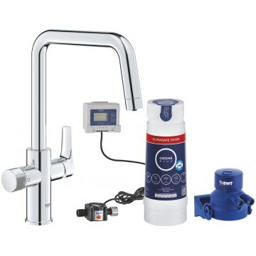 Baterie bucatarie Grohe Blue Pure Start cu pipa C sistem filtrare Ultrasafe starter kit crom