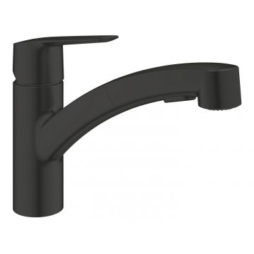 Baterie de bucatarie Grohe Start, 3/7'', pipa medie, pivotanta, dus extractabil, negru mat - 303072431