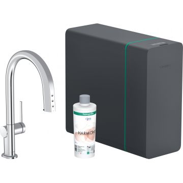 Baterie bucatarie Hansgrohe Aqittura M91 cu pipa extractibila sistem de filtrare SodaSystem 210 crom