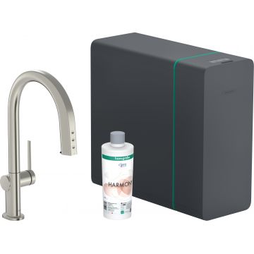 Baterie bucatarie Hansgrohe Aqittura M91 cu pipa extractibila sistem de filtrare SodaSystem 210 inox