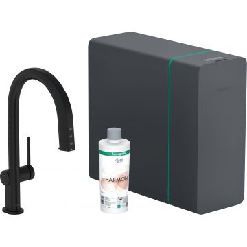 Baterie bucatarie Hansgrohe Aqittura M91 cu pipa extractibila sistem de filtrare SodaSystem 210 negru mat