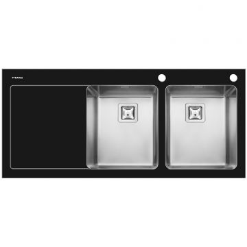 Chiuveta de bucatarie Crystalon 2B 1D DR Sticla Temperata Neagra & Inox SQ