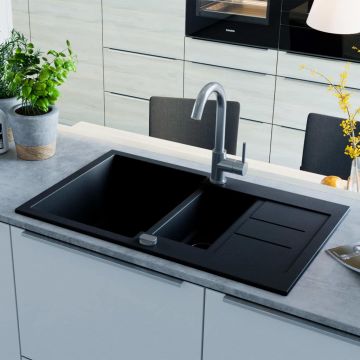 Chiuvetă de bucătărie din granit cu două cuve negru Chiuvetă de bucătărie din granit cu două cuve negru