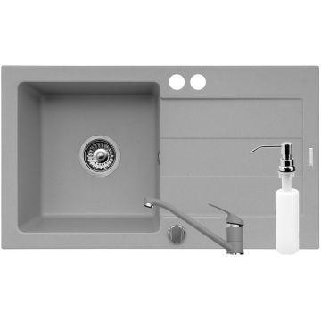 Set 3 in 1 Chiuveta granit Cristal 1B 1D ST + Baterie + Dozator Gri
