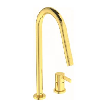 Baterie bucatarie cu dus extactibil Ideal Standard Gusto 242 auriu periat 2 tipuri de jet
