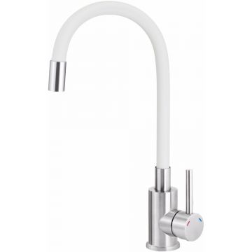 Baterie bucatarie Deante Luno cu pipa flexibila inox/alb