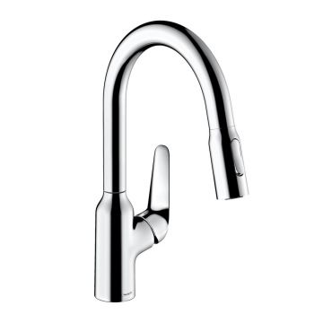 Baterie bucatarie dus extractibil Hansgrohe Focus M42 crom lucios 2 tipuri de jet