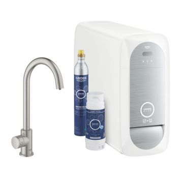 Baterie bucatarie Grohe Blue Home Mono crom periat Supersteel pipa tip C si Starter Kit
