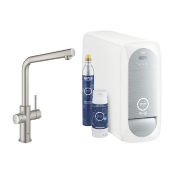 Baterie bucatarie Grohe Blue Home Ondus crom periat Supersteel pipa tip L si Starter Kit